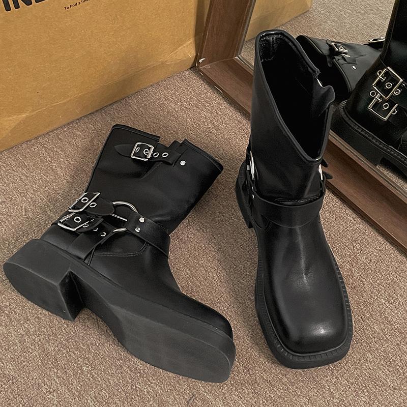 Fashion Vintage Women Western Cowboy Boots Fashion Belt Buckle Autumn Winter Shoes Female Slip On Low Heel Knight Booties