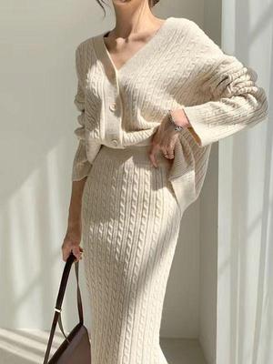 Korean Chic V-Neck Cable Knit Cardigan & High-Waist Skirt Two-Piece Set