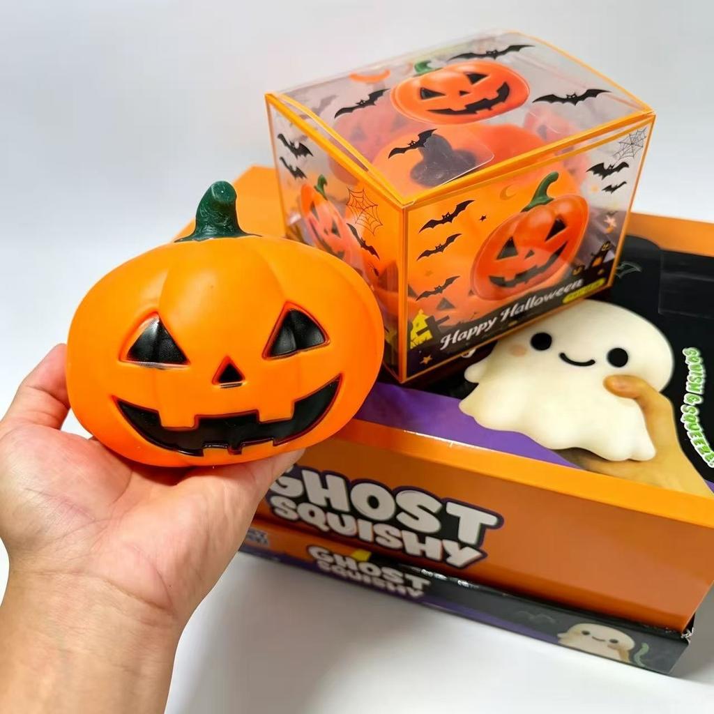 Large Halloween-Themed Rubber Squishy Ghost & Pumpkin Head Stress-Relief Toy