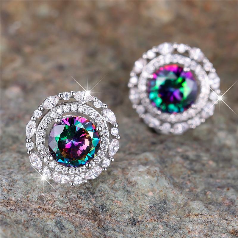 Female Crystal Rainbow Zircon Stone Round Stud Earrings Vintage Silver Color Wedding Fashion Jewelry For Women