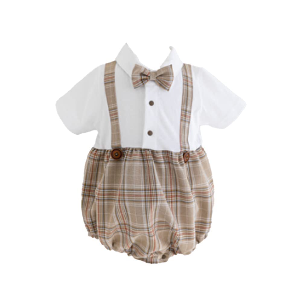 Elf Baby Layered Style Formal Short Sleeve Summer Ceremony Romper Wedding Clothes Boys [Fairy Baby] (Check Gray, 73CM)