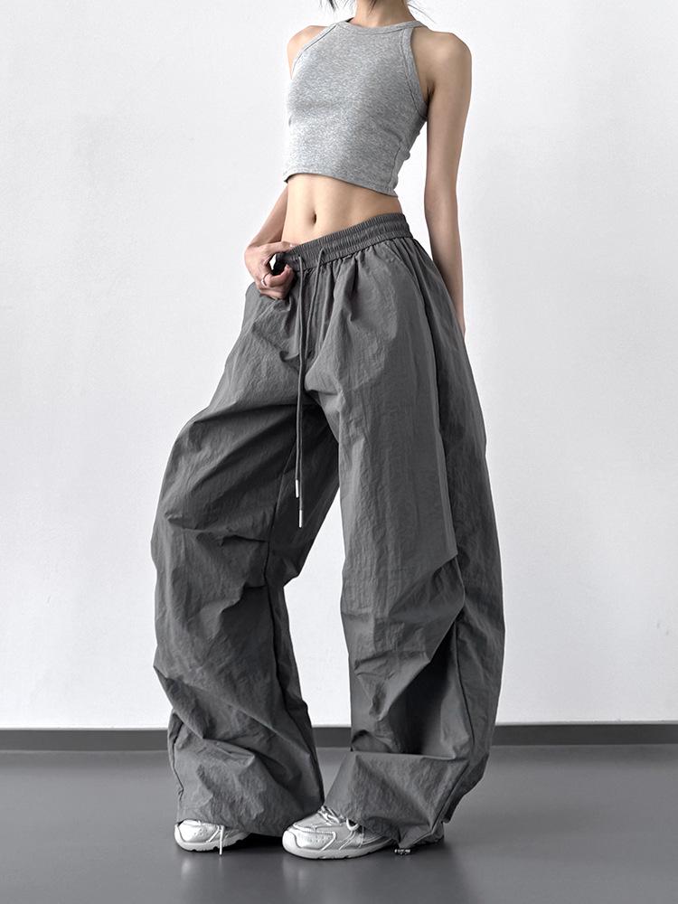 Women's Solid Color Wide-Leg Cargo Pants with Drawstring and Cuffs - Spring Summer 2025 High-Waist, Loose, Floor-Length