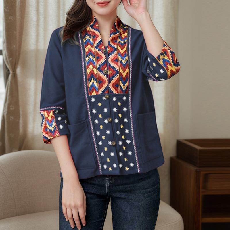 ZANZEA Women Ethnic Print Casual V-Neck 3/4 Sleeve Loose Blouse