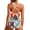 Random Print Criss Cross One Piece Swimsuit, Cut Out Tie Back Color Block High Cut Bathing Suit, Women's Swimwear & Clothing