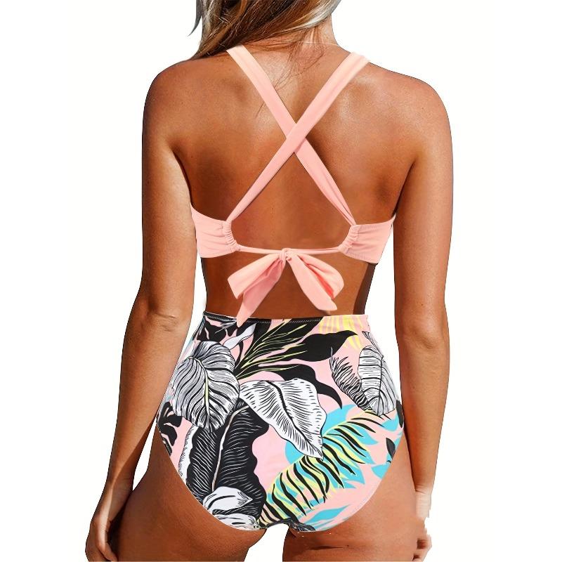 Random Print Criss Cross One Piece Swimsuit, Cut Out Tie Back Color Block High Cut Bathing Suit, Women's Swimwear & Clothing