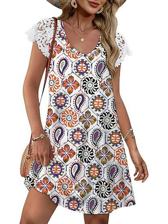 European Women's Lace Casual Short Sleeve Wedding Dress for Beach Vacation