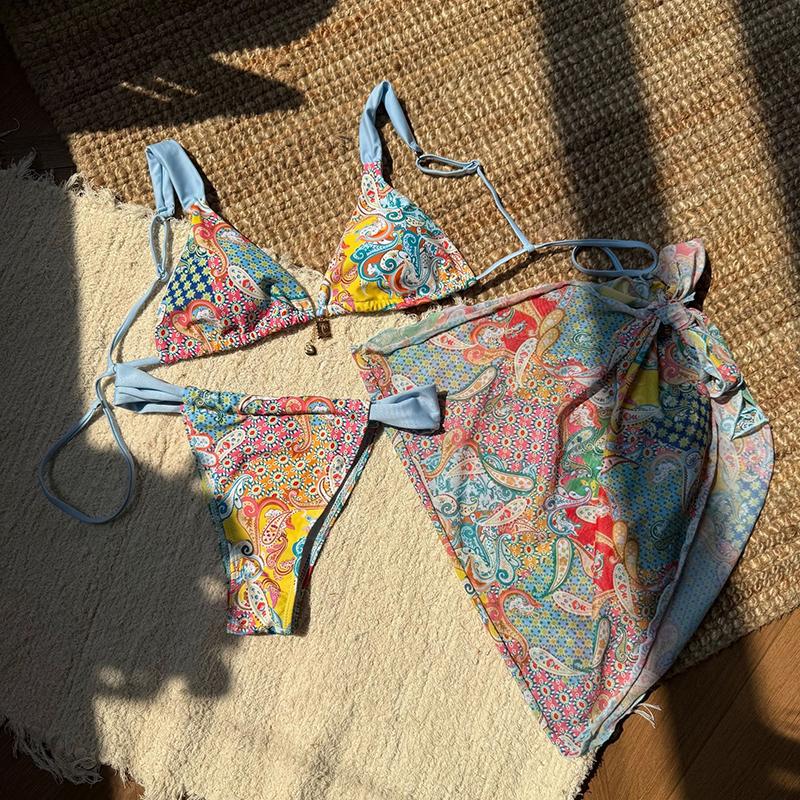 Printed with Sarong High Cut Leg Bikini Women Swimwear Female Swimsuit Three-pieces Bikini Set Bather Bathing Suit Swim