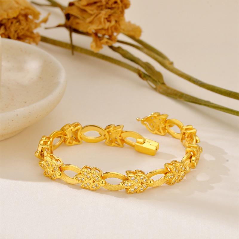 Luxury 24K 9999 Pure Gold Real Gold Women's Wheat Leaf Bracelet with Moissanite Leaf Bracelet