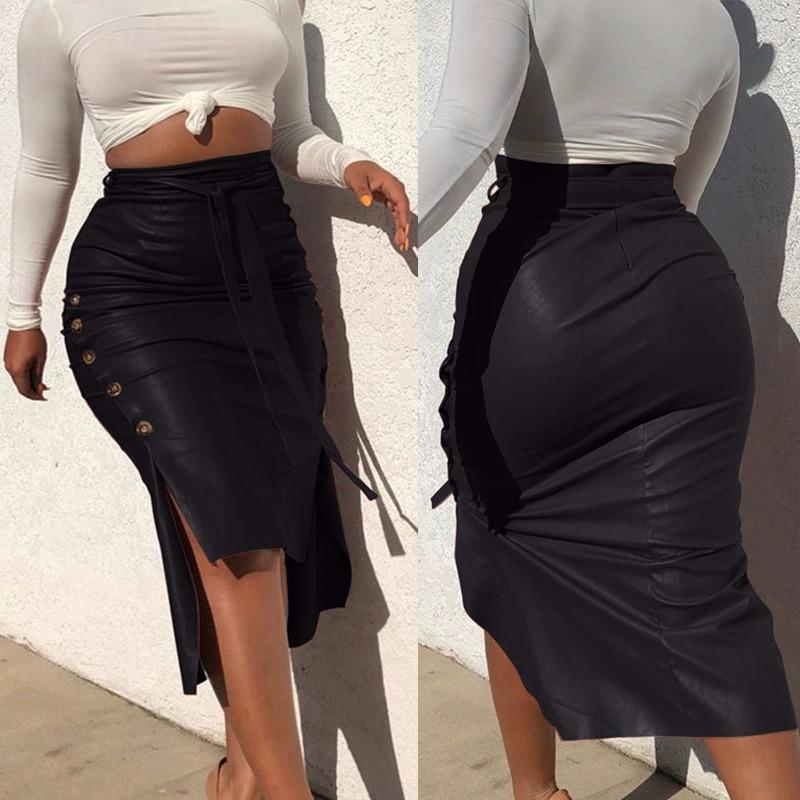 European Leather Women's Slim Fit Mid-Length Pencil Skirt with Slit