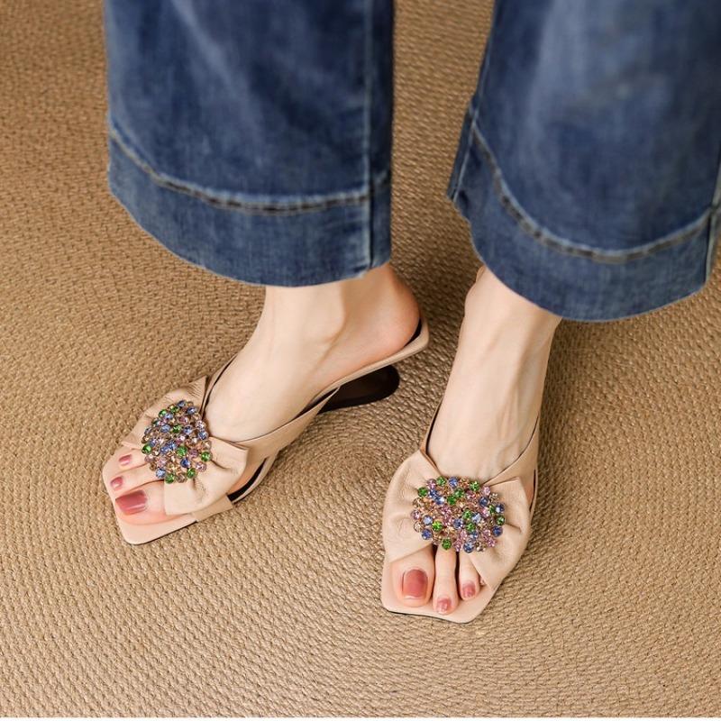 Fashion Summer Wedge Open Toe Going Out Half Slippers  New Square Headpiece Diamond Bow Slip-on Anti-slip Wear-resistant Kitten Heels
