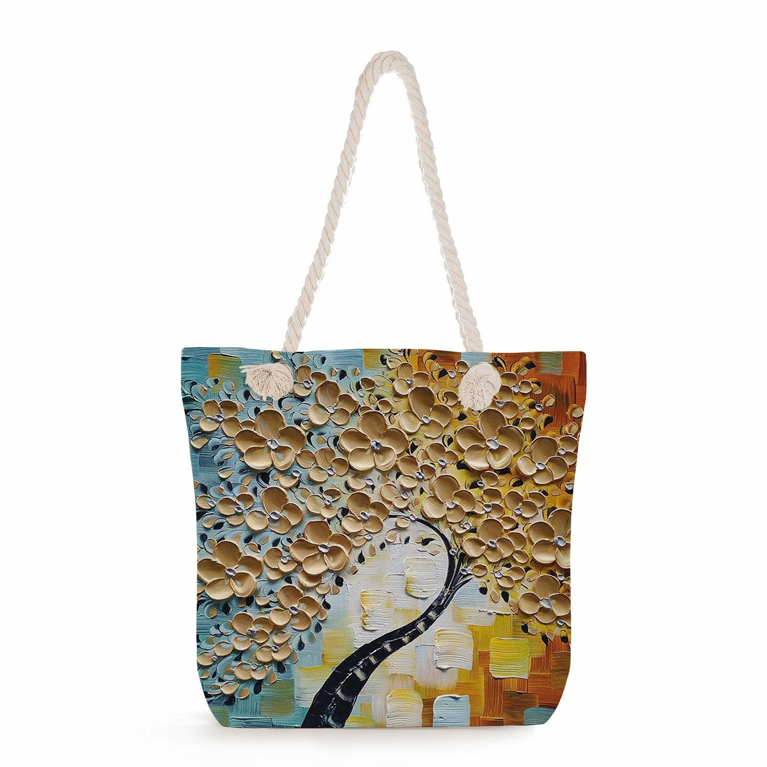 Oil painting of a tree print thick rope single-shoulder beach bag 7239