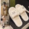 Leisure Slippers Woman Casual Flat Low Heels Sweet Basic Shoes for Women Solid Pearl Fur Slip On Star Winter Slides Plus Size