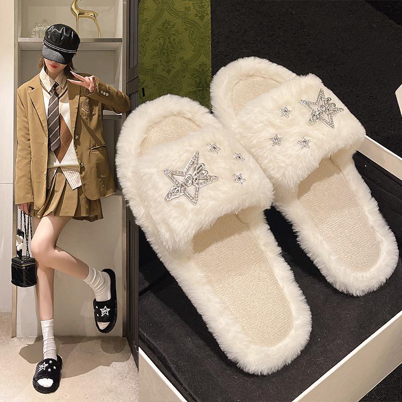 Leisure Slippers Woman Casual Flat Low Heels Sweet Basic Shoes for Women Solid Pearl Fur Slip On Star Winter Slides Plus Size