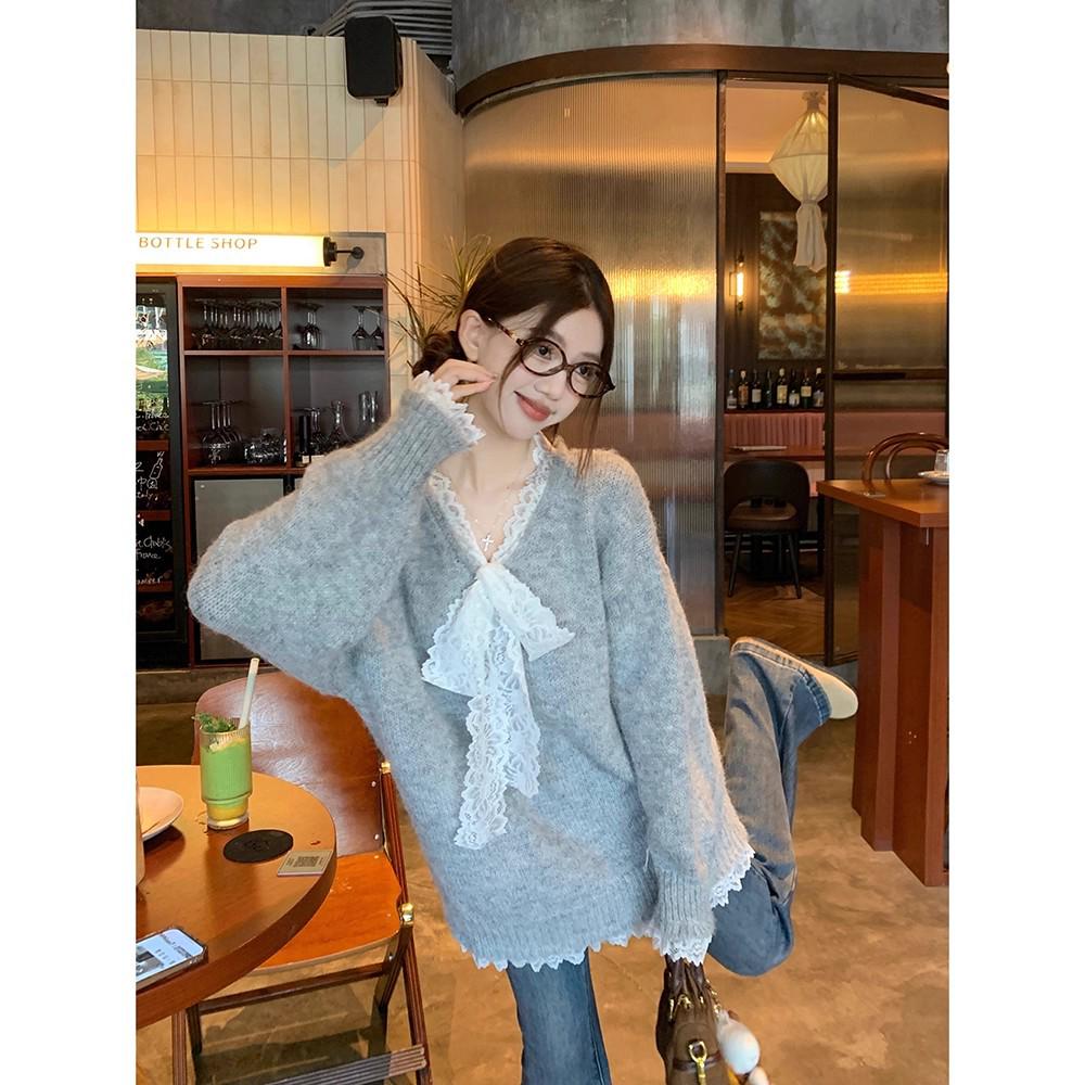 Gray Lace Patchwork Bow Sweater - Women's Casual Loose Fit Autumn Knitwear