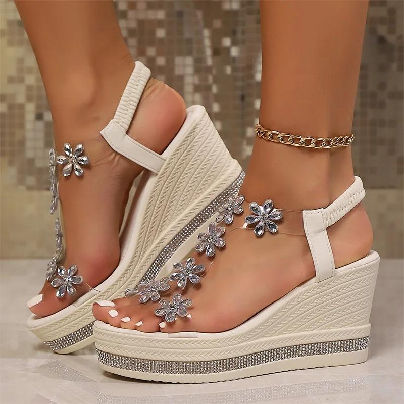 Fashion Flower Decor Wedges Sandals for Women Plus Size Shiny Crystal Chunky Platform Slippers Woman Thick Sole Comfort Non Slip Sandals
