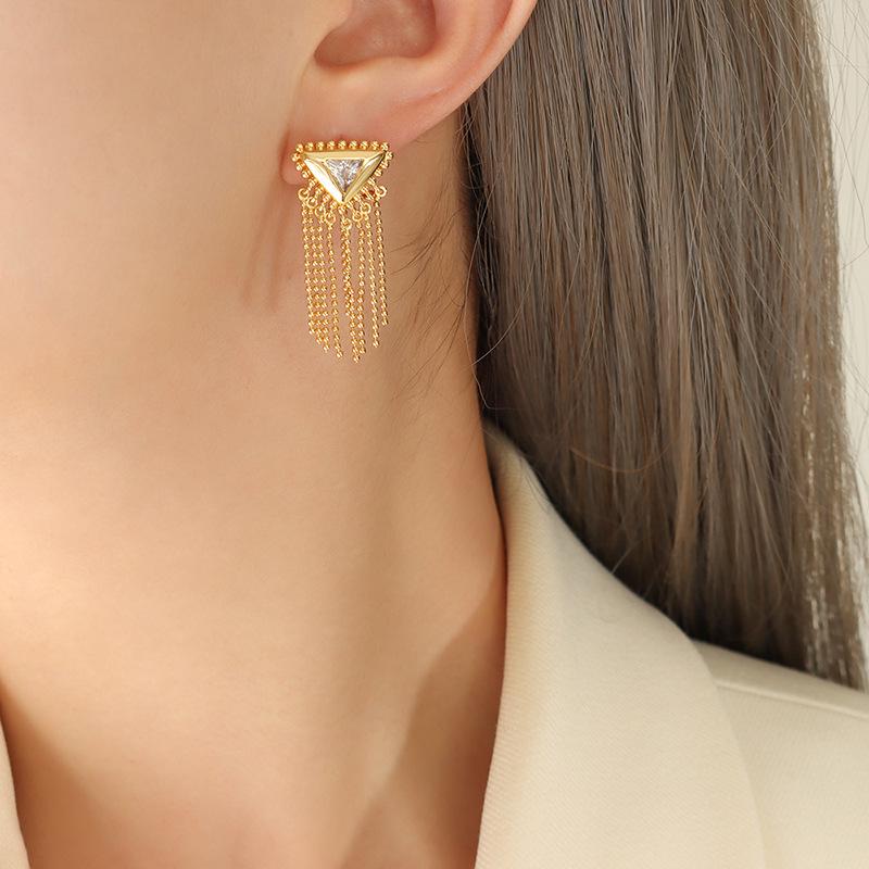 Elegant Brass & Zirconia Triangular Tassel Earrings with Titanium Steel Pins