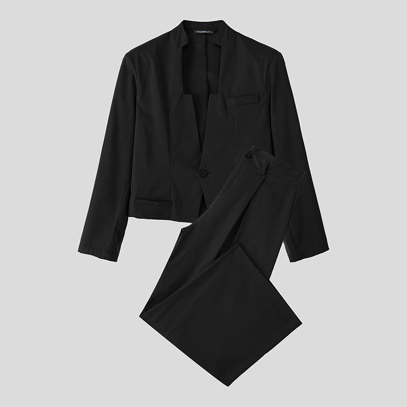 INCERUN Men Outfits Long Sleeve Cropped Tops and Long Pants Casual Party Sets