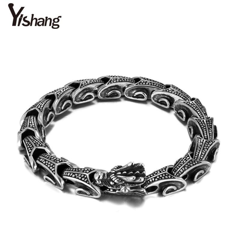 Mens Titanium Steel Dragon Head Bracelet Vintage Punk Style Biker Accessory Stainless Wristband Motorcycle Riders