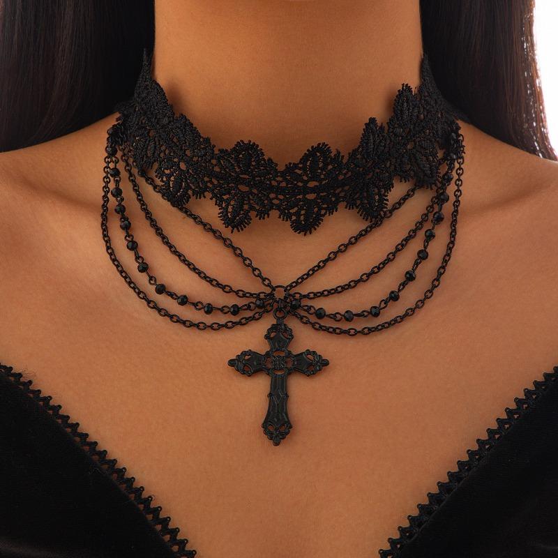 Gothic Dark Cross Necklace for Women - Punk Crystal Beaded Tassel Choker