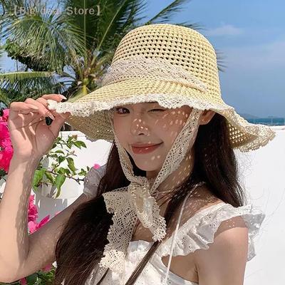 Women's Lace-Up Visor Straw Hat, Wide Large Brim, Foldable Sun Hat for Summer Beach, UV Protection Cap