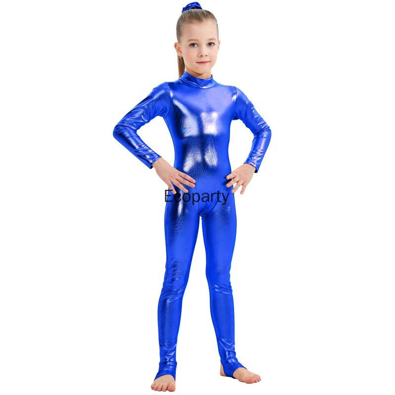 Copii Strălucitor Metalic O Bucată Mânecă Lungă Corp Întreg Gimnastică Balet Dans Leotard Salopetă Fete Elastic Unitard Îmbrăcăminte de Dans