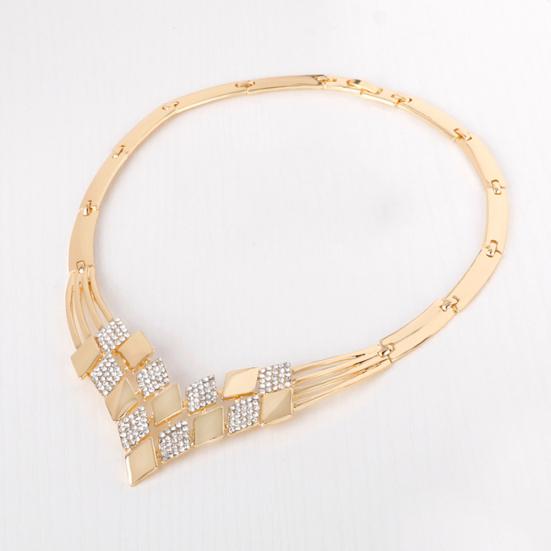 Women KC Gold Plated Rhombus Shape Necklace Earrings Rhinestones Jewelry Set
