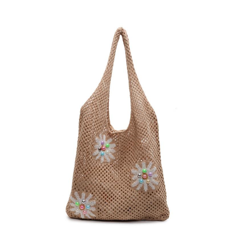 New Casual Vacation Tote Bag Flower Bag Knitted Bag Mesh Hollow Shoulder Bag Women's Tide