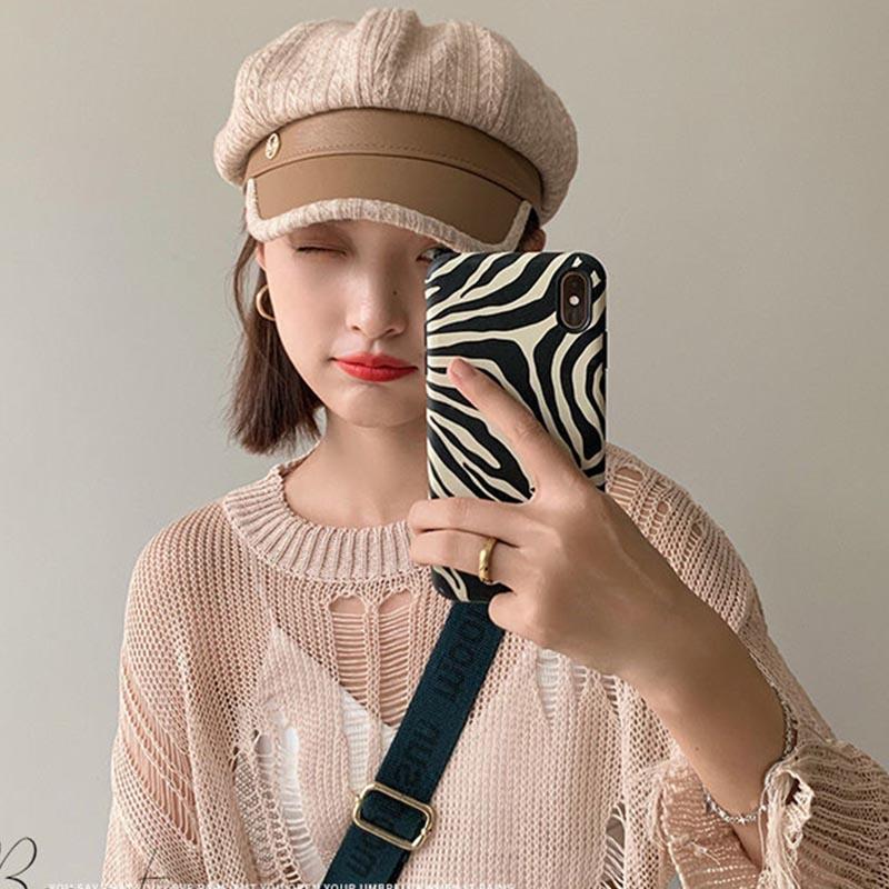 Beret Women's Autumn and Winter Pu Leather British Retro Letter Striped Octagonal Hat