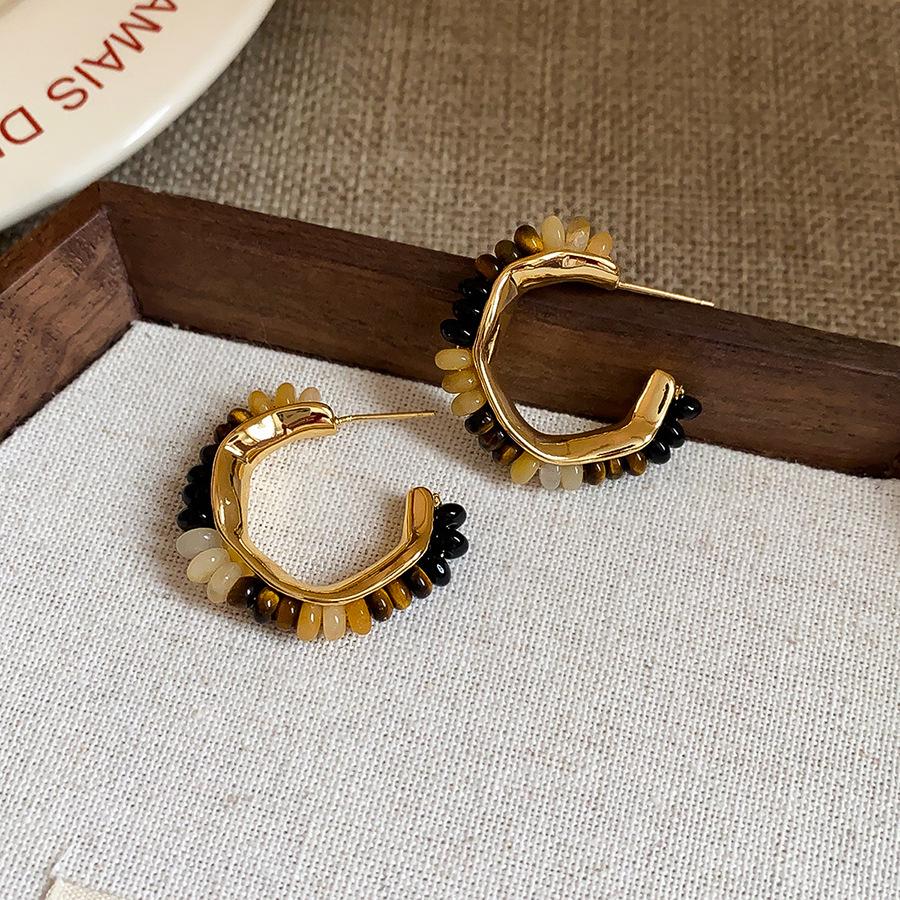 Geometric Tiger's Eye Stud Earrings, Retro Millard Style - Unique Design with Silver Needle 