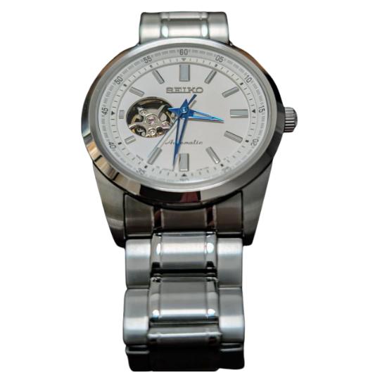 Reloj Seiko SCVE049 Plata Seiko Selection Mecánico Automático Manual Open Heart Resistencia al Agua hasta 10 para Uso Diario Reloj de Hombre, (con Cuerda),