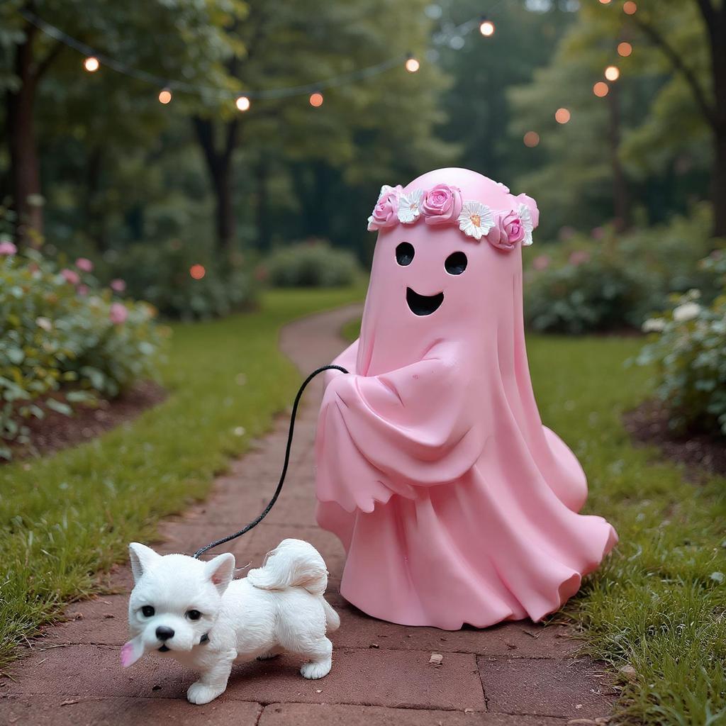 Ghost Figure Walking Dog Cute Halloween Ornaments Resin Cute Figurines Decor For Fireplace Home Desk Table Indoor Bookshelf