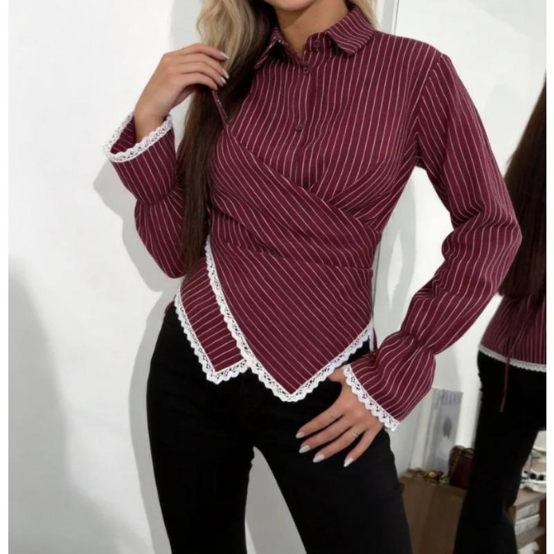 Women S Striped Long Sleeve Shirt Cross Design Elegant Blouse