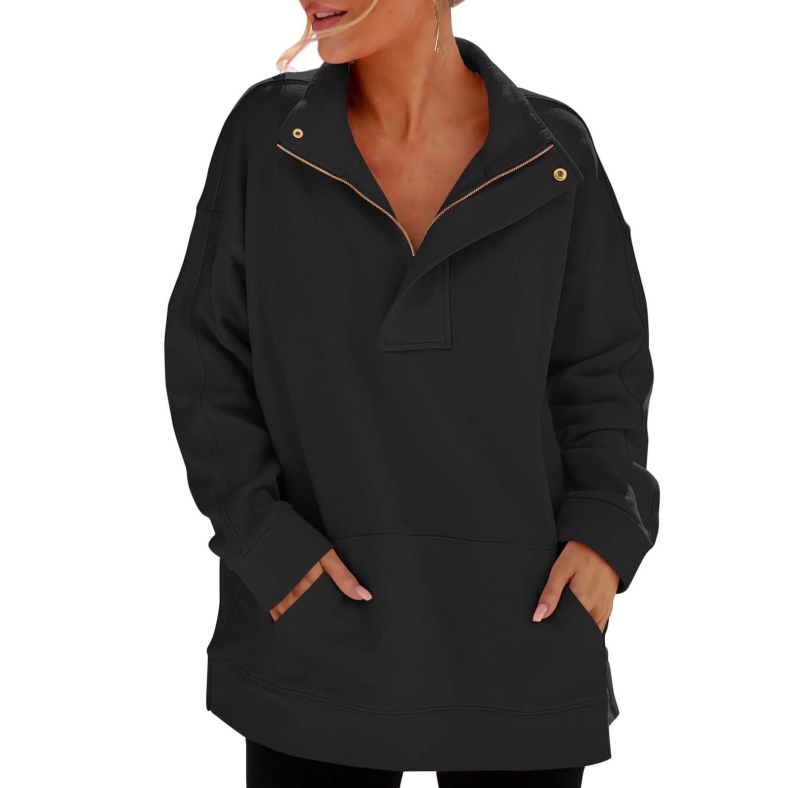 Женские толстовки большого размера на молнии с половиной молнии повседневные свободные пуловеры с длинными рукавами туники топы с карманом M чёрный 2944₽