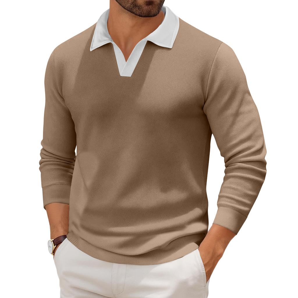 Men's Casual Color-Block Collared Long-Sleeve Knit Base Layer Top