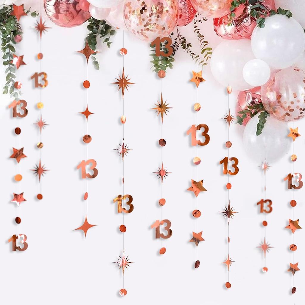 Rose Gold 13th Birthday Decorations Number 13 Circle Dot Twinkle Star Garland Metallic Hanging Streamer Bunting Banner Backdrop for Girls 13 Year Old