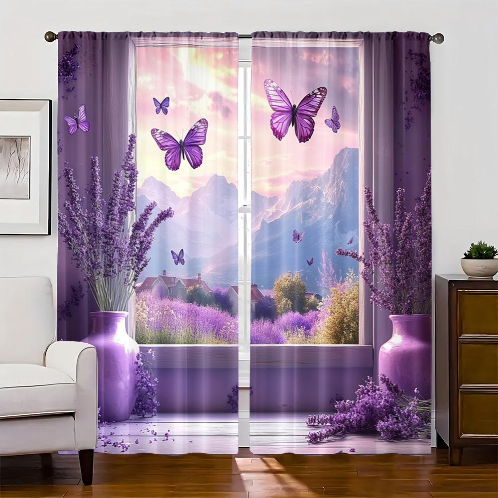 

2 шт., Драпировки Лавандовый пейзаж 3D окно Машинная стирка Ткань, Без электричества Праздничные украшения Подходят для спальни 29x65in(75x166cm)
