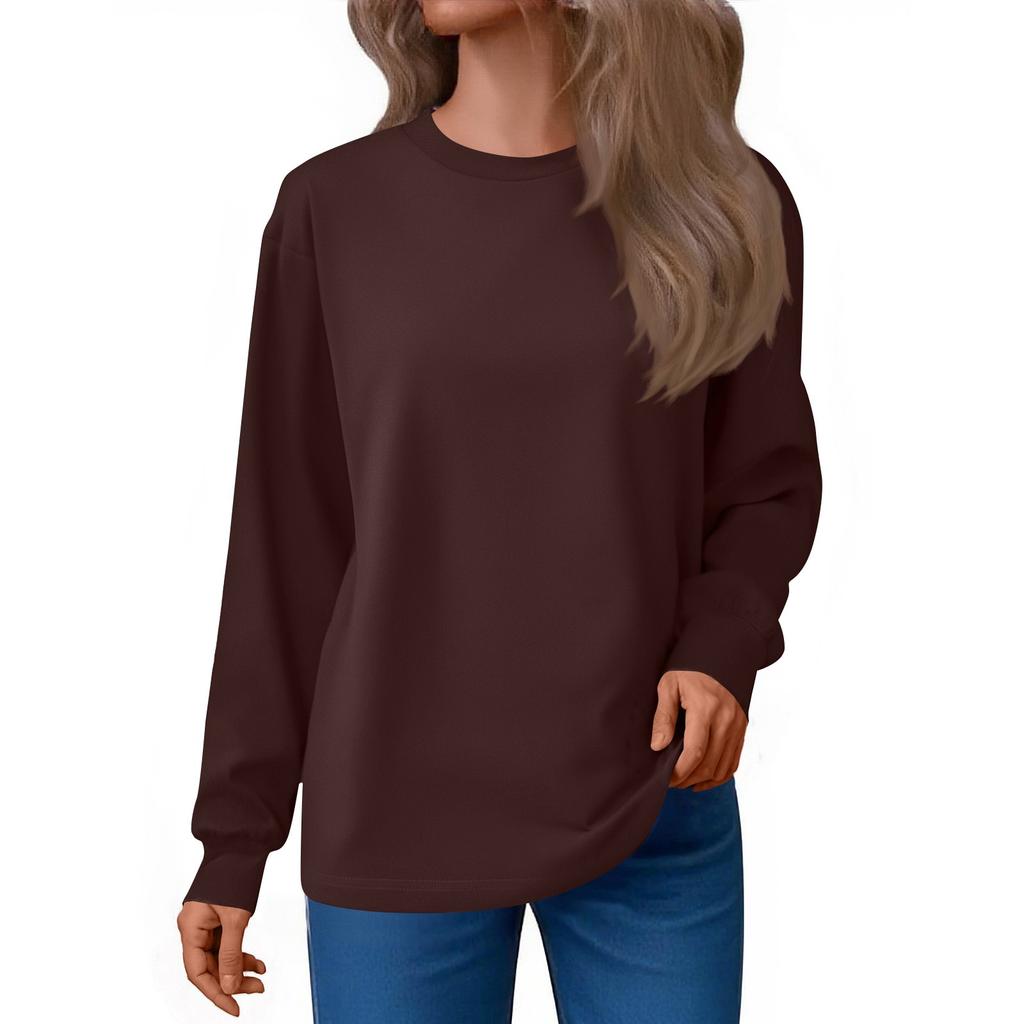 Women's Fashion Loose Round Neck T-Shirt Solid Color Casual Long Sleeve Top