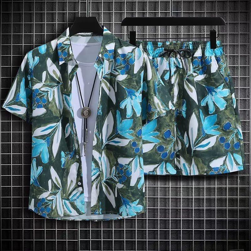 Men's Retro Floral Short-Sleeve Shirt & Beach Shorts Set for Seaside Vacations
