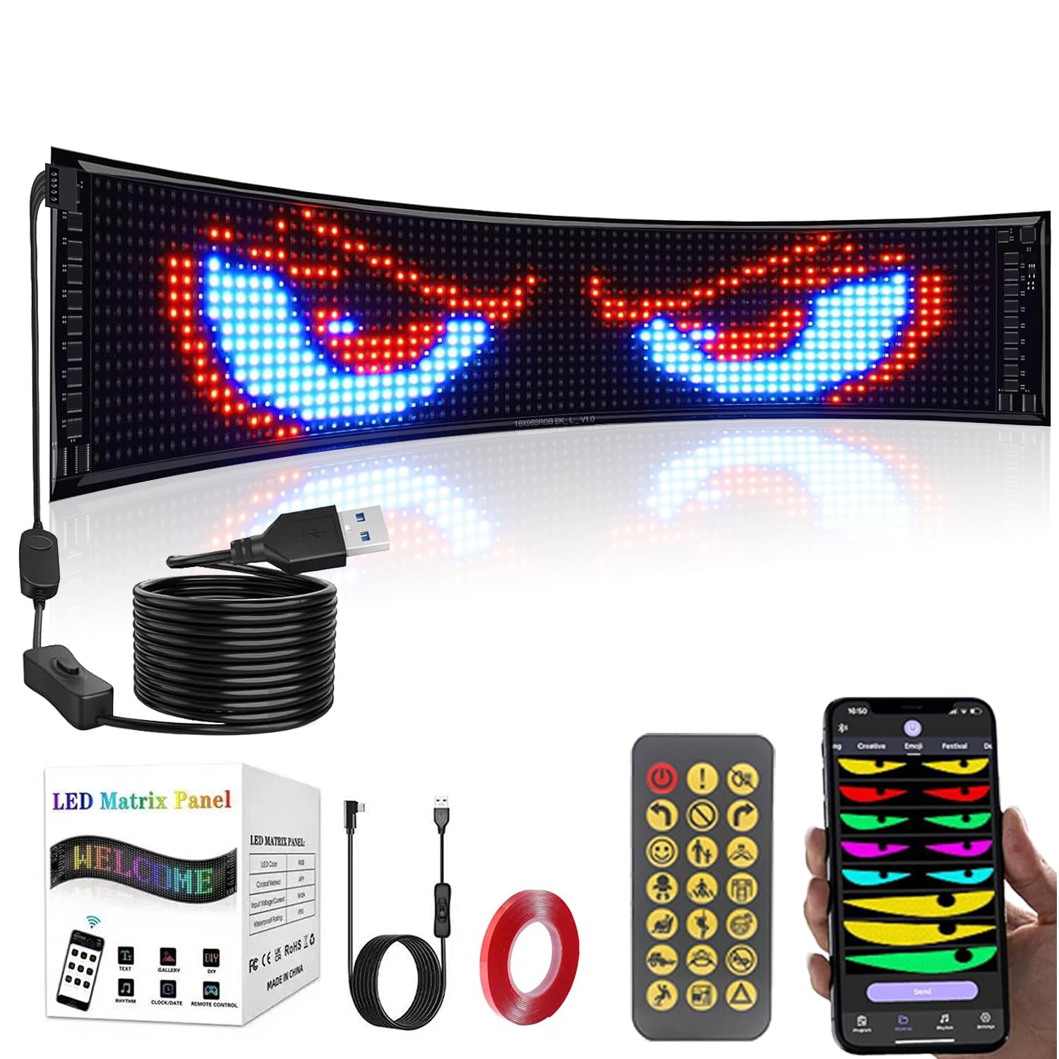 

Kurflo Дьявольский глаз Светодиодный дисплей Бегущая строка Гигантский Яркий Рекламный Светодиодный USB Автомобильный Дьявольский глаз Bluetooth Приложение Пульт ДУ Высокий для Автомобиля Отелей x Экран, Вывеска, Свет, чёрный