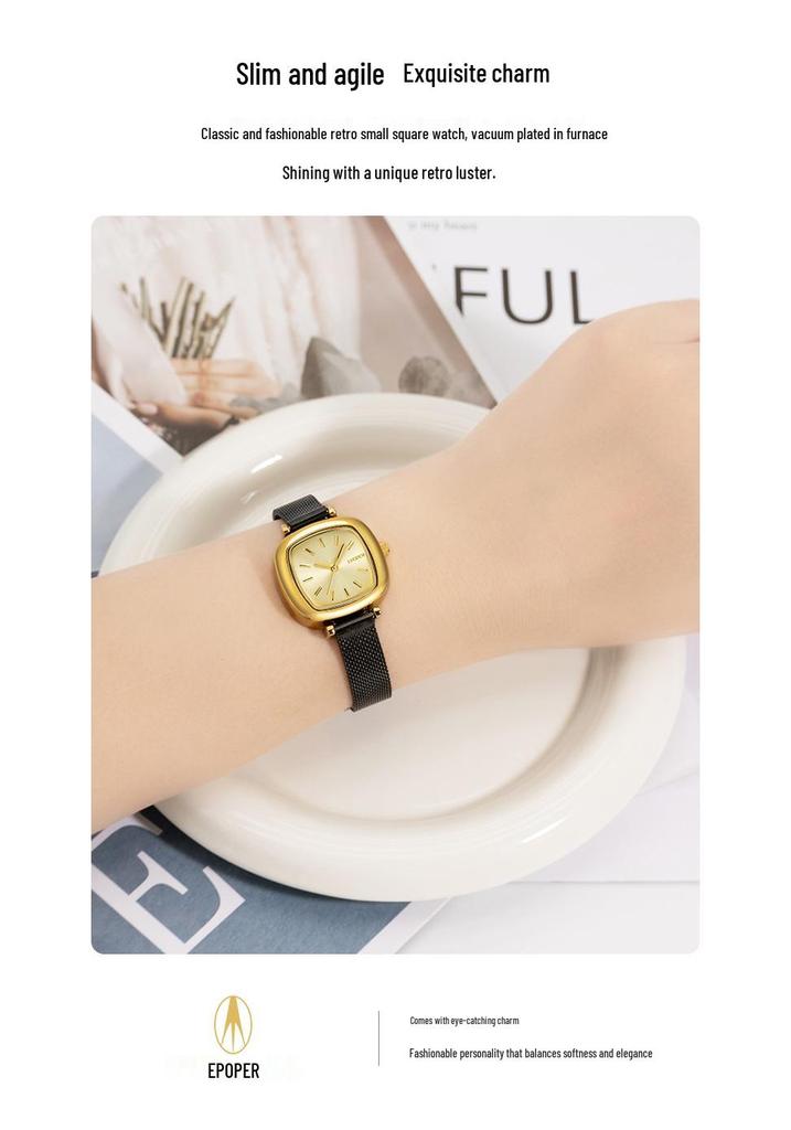 Sleek Black Gold Small Square Quartz Watch, Versatile Steel Band, Waterproof Casual Design