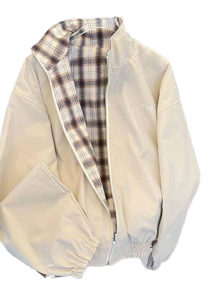 Spring and Autumn double-sided plaid jacket men's stand-up collar casual trendy brand ruffian handsome American front and back two wear retro loose 