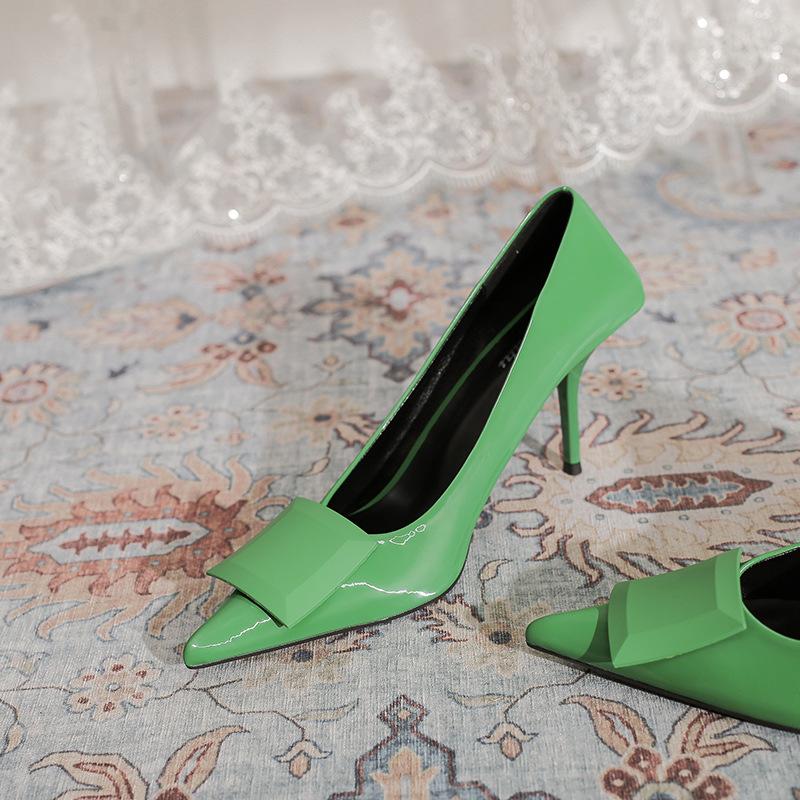 Green High Heels Women's Spring and Summer 2025 New Foreign Trade Women's Shoes Thin Heel Pointed Square Heel Commuter Shoes