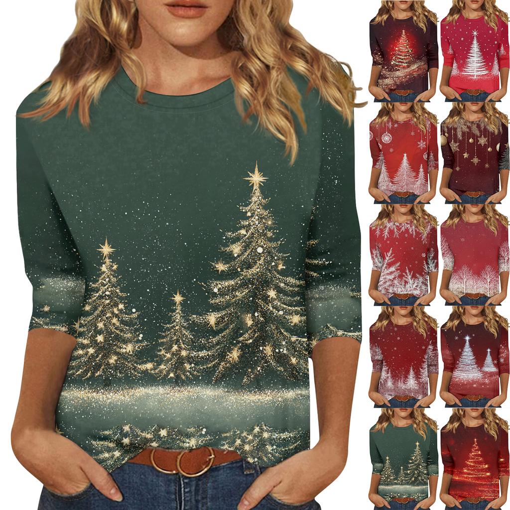 Women's Casual Fashion Christmas Print Three-Quarter Sleeve Top