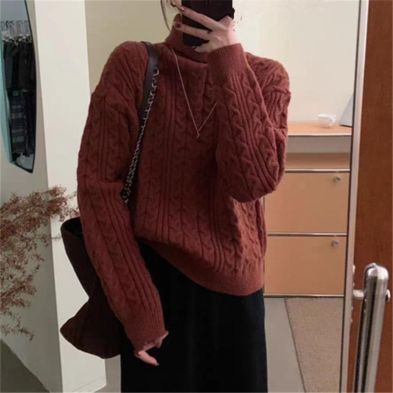 Retro twist turtleneck pullover bottoming sweater women's autumn and winter new soft waxy loose lazy knitted sweater top