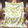 1pc 2D Fresh Yellow Flower Green Leaves Theme Pattern Flannel Blanket, Soft HD Digital Print Cooling Blanket All Year Round! Soft Breathable 100% Poly