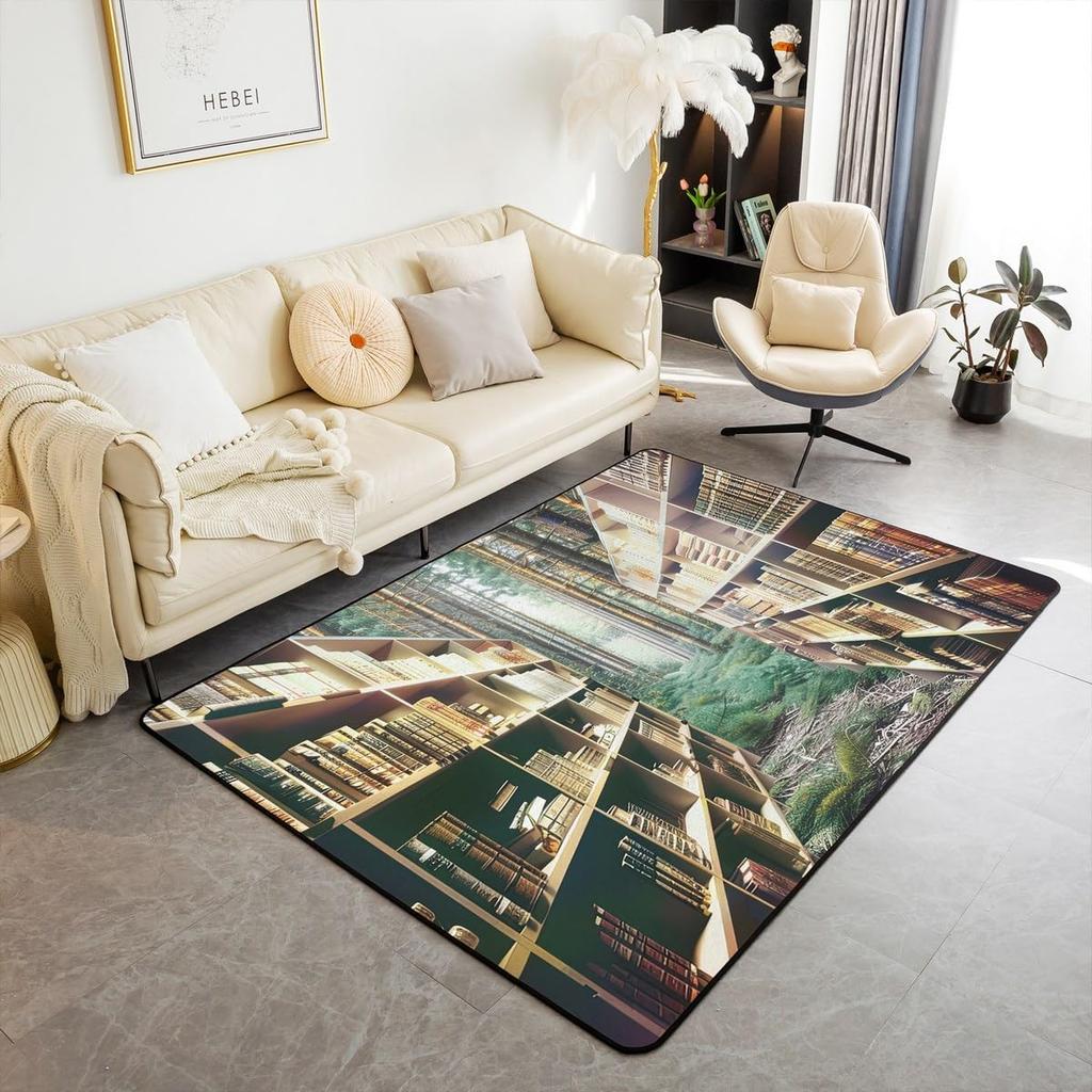 Bookshelf Area Rug for Teen Study Room Decor Library Book Print Carpet Vintage Bookshelf Living Room Doormat Bookcase Floor Mat