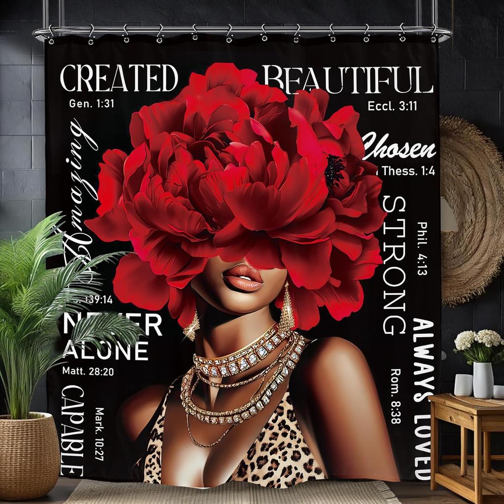 African American Flower Shower Curtain, Black Girl Marble Design, Inspirational Motivational Print, Waterproof Polyester