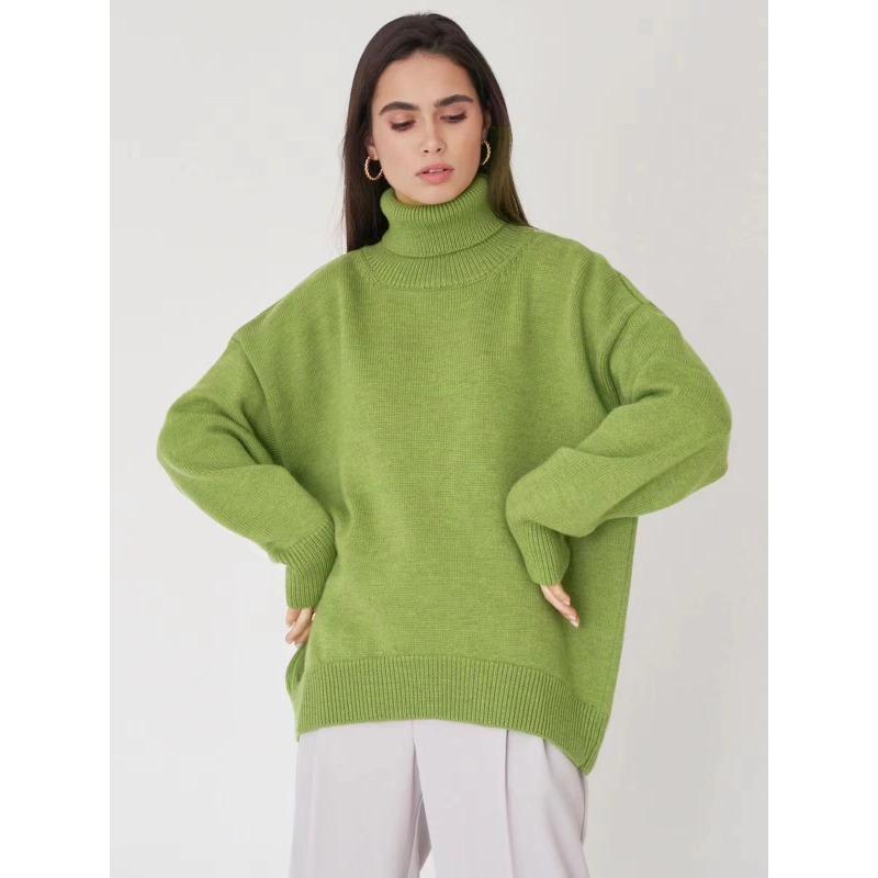 

Осінньо-зимовий светр з високим коміром, вільний, повсякденний, однотонний, з гудзиками знизу, жіночий простий в язаний пуловер, що до всього підходить S зелений/жовтий