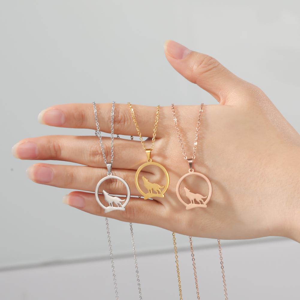 Howling Wolf Pendant Necklace Women Men Casual Punk Stainless Steel Gold Animal Neck Chain Jewelry Gift