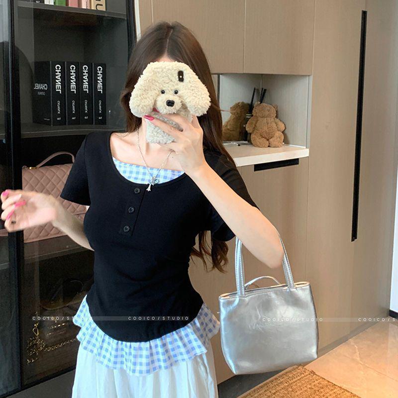 Women's Plus Size Summer Patchwork Faux Two-Piece Short Sleeve T-Shirt - Slimming Loose Fit